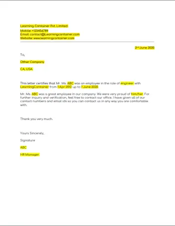 Experience Letter Format 1