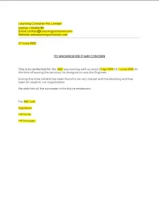 Job Experience Certificate Sample 2