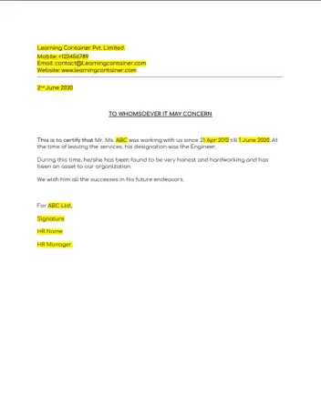 Job Experience Certificate Sample 2