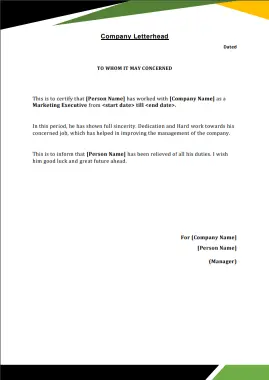 Work Experience Certificate for Marketing Executive 20
