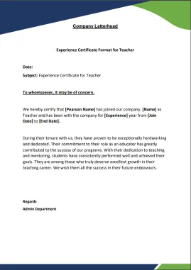 experience certificate format for teacher 16