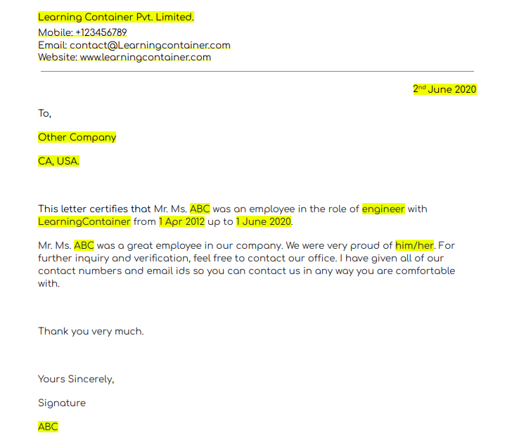 Job Experience Letter Sample from www.learningcontainer.com