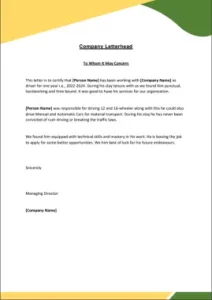 work experience letter for driver 19