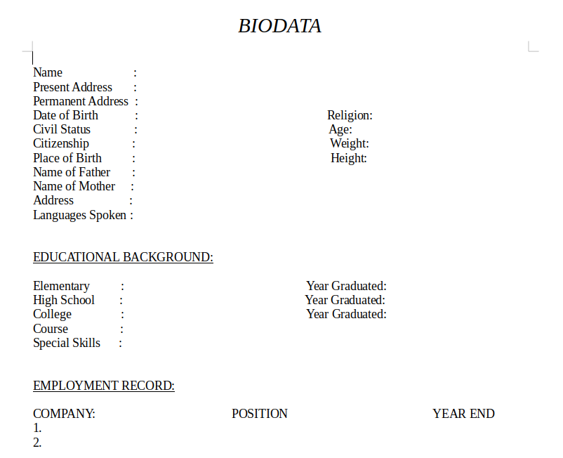 Sample BIODATA Download