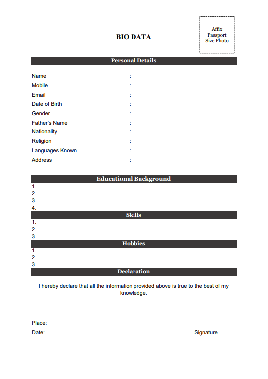 Bio Data Format for Freshers 7