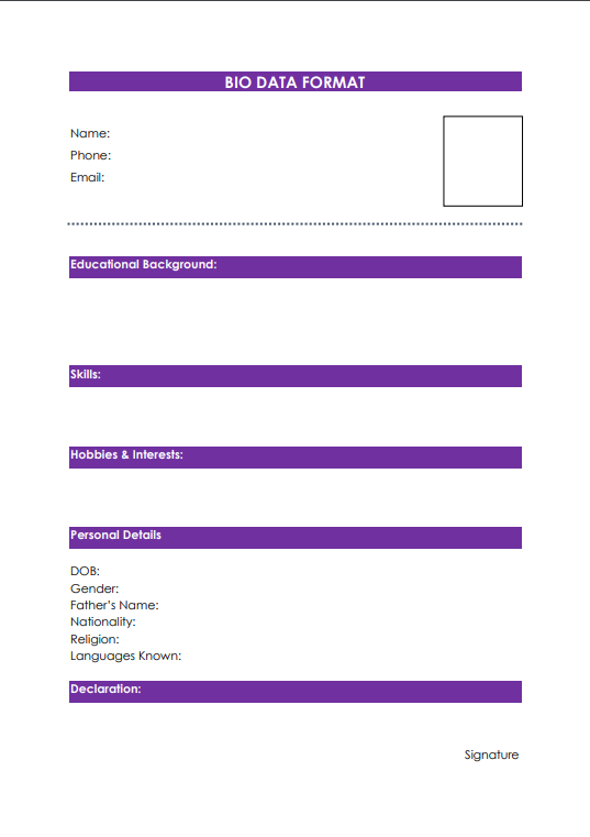 Editable Biodata Format in Word 6