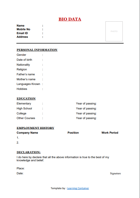 Simple Bio Data Sample 4