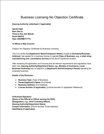 Business Licensing No Objection Certificate