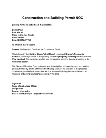 Construction and building permit noc