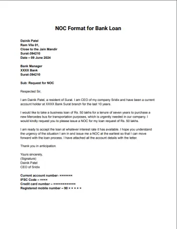 NOC Format for Bank Loan